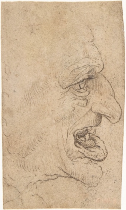 A small pen drawing on darkened paper of a grotesque man in profile facing right, with a jutting chin and heavy brow.
