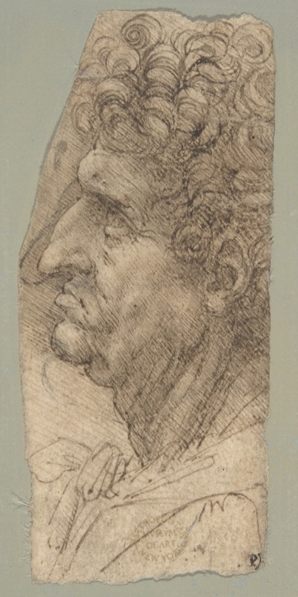 A narrow, irregular scrap of paper on a grey-green mount: the profile of a man facing left, with tight curls, drawn in brown ink with dense straight hatching.