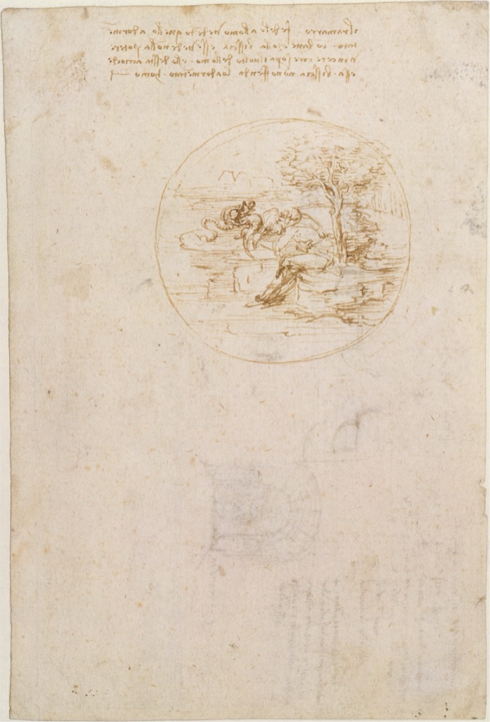 The front of the sheet: four lines of small brown mirror writing across the top, and below them a round pen drawing of a man asleep against a tree beside water, a lizard and a snake by his head.
