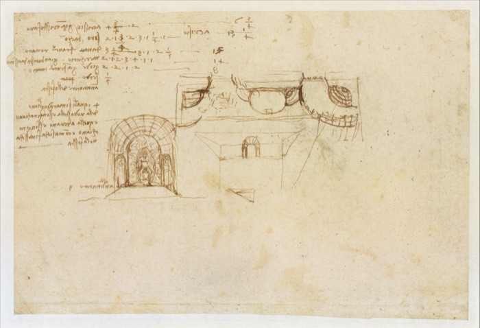 The back of the same sheet: a column of mirror-written names with numbers and fractions at upper left, and quick pen sketches of a stage, an arched niche with a figure, and a curved architectural setting.
