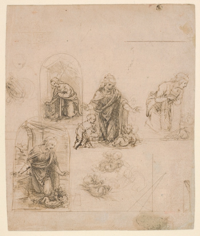 A sheet of pink prepared paper with several small pen and silverpoint sketches of the Virgin kneeling: in an arched niche, in the open with two infants, turned to the right, and again in a second arch. Loose studies of babies sit below, and ruled lines run across the lower right.