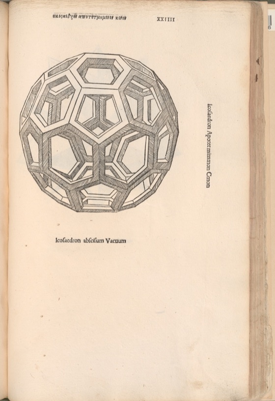A printed page with a woodcut of a hollow, many-sided solid made of pentagons and hexagons, drawn as a frame you can see through. The caption reads Icosaedron abscisum Vacuum.