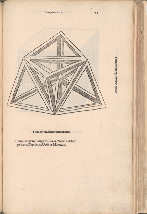 A printed page with a woodcut of a hollow tetrahedron with points raised on its faces, drawn as a see-through frame. Beneath it: Tetraedron elevatum vacuum, and Horum inventor. Magister Lucas Paciolus.