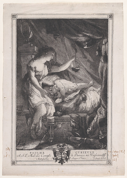 In a dark curtained room, Psyche holds a small hanging lamp over the sleeping Cupid and bends to examine his face. A printed border encloses the scene; handwritten notes mark the paper’s edges.