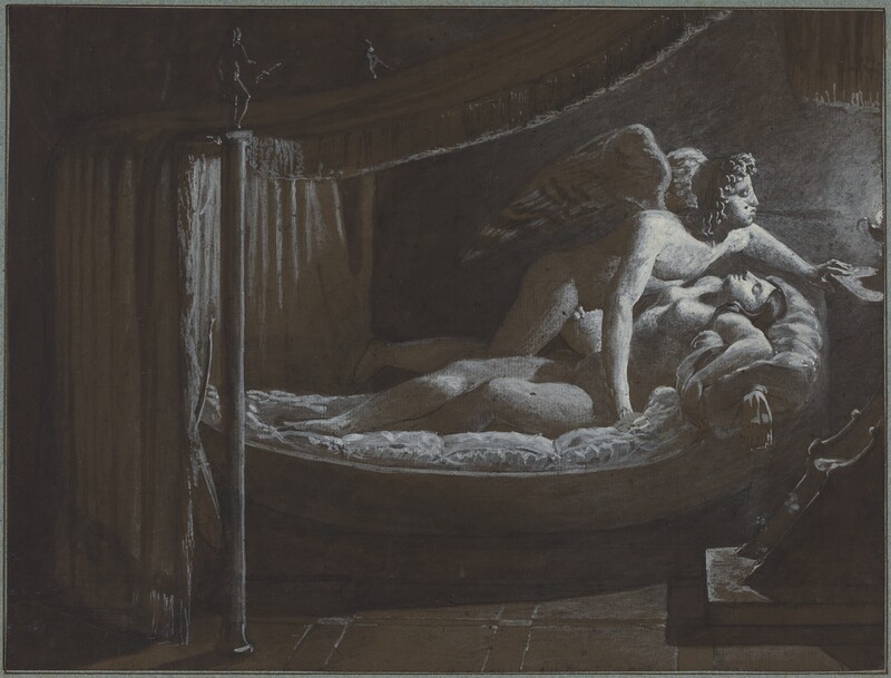 In a dim drawing, the awake, winged Cupid bends over the sleeping Psyche and extends his arm toward a lamp at the right edge. Pale highlights pick out the bodies beneath a dark canopy.