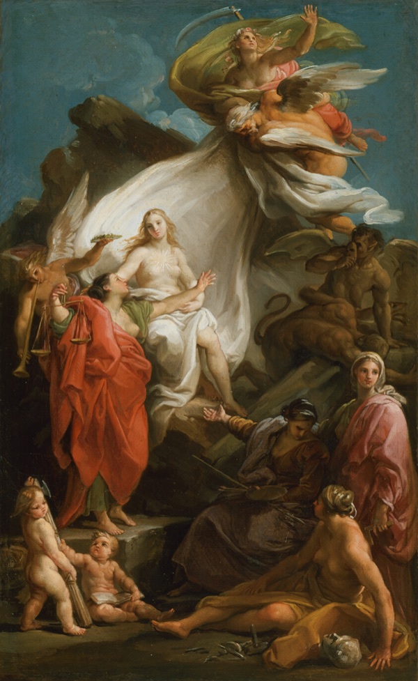 A small, sketch-like oil painting. Near the top, a winged figure with a scythe sweeps a great pale drape aside. Below, a fair-haired figure, half-draped in white, sits on a rock with a radiant sun on her breast; a woman in red beside her holds a pair of scales. Dark figures lurk at the right, and women with the tools of the arts sit in the foreground.