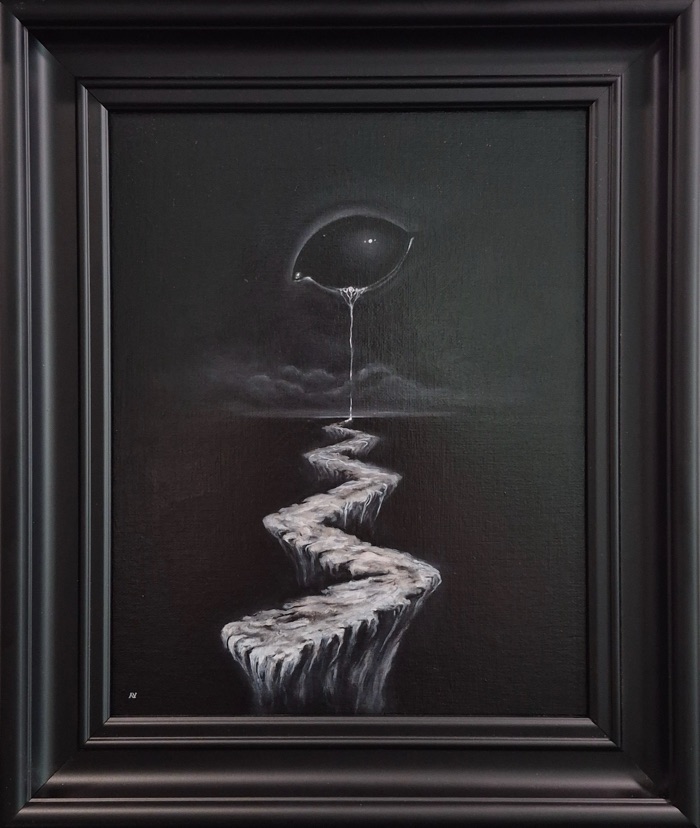 A small painting in a deep black frame. Against a black sky, a dark eye hangs above a low bank of cloud. A single bright thread falls from its lower lid to the horizon, where it becomes a narrow stone path that zigzags toward the viewer, its edges dripping into the dark.
