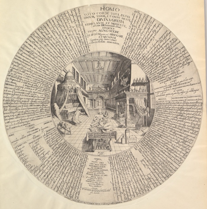 A circular engraving ringed with dense Latin text. At its centre, a long room in steep perspective: on the left a man kneels in prayer at a canopied altar; on the right stand a furnace and shelves of labelled flasks; a table of books and musical instruments runs down the tiled floor toward a far doorway.