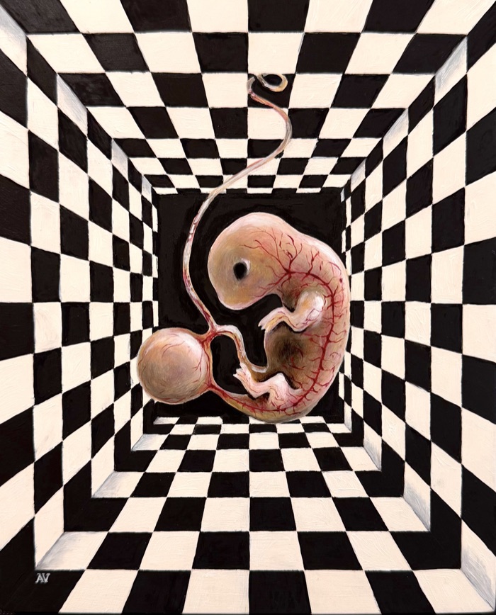 A curled embryo, pale pink and veined with fine red lines, floats in a room whose walls, floor and ceiling are all black-and-white squares receding toward a black opening. Its cord rises and loops in the air; a round sac hangs beside it. Its one dark eye is open. The initials AV sit in the lower left corner.