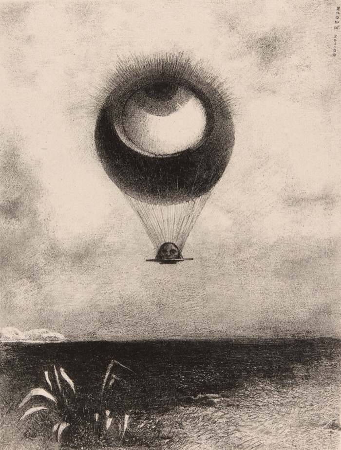 A lithograph in soft greys and blacks. A huge eye, its iris turned upward, forms the envelope of a balloon rising over a dark plain; from its rigging hangs a small dish carrying a head. Spiky plants rise at the lower left.