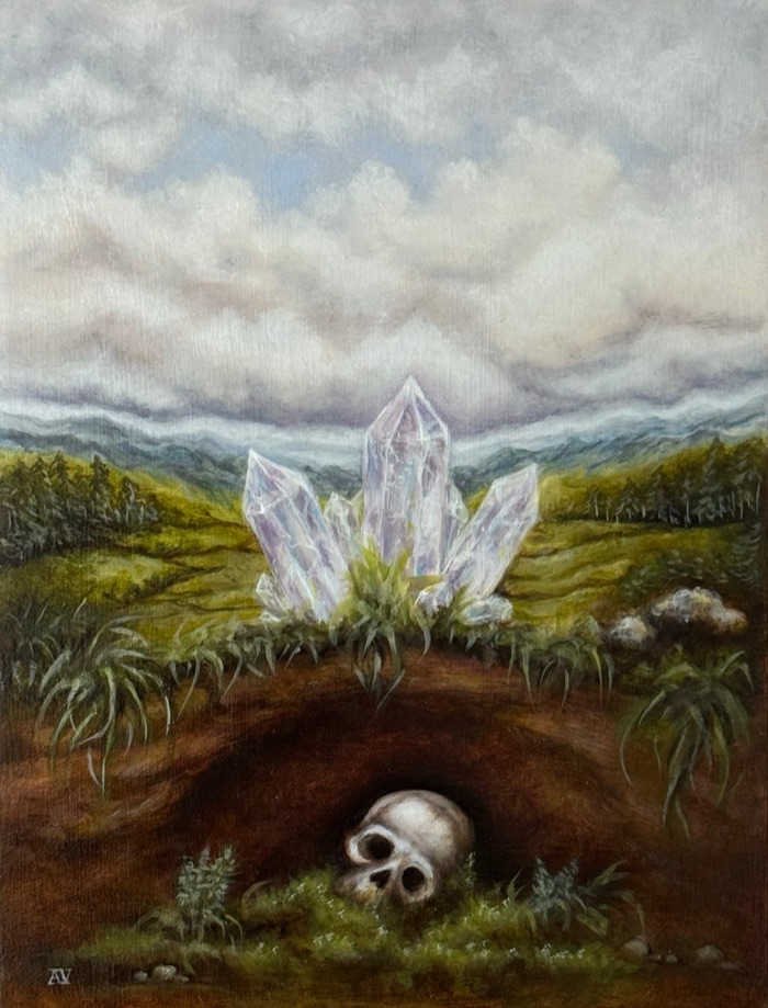 Under a wide sky of soft grey and white clouds, green hills and dark pine forest roll toward distant blue mountains. In the foreground the ground is cut open in section: a hollow of brown earth, and in it a pale skull resting on moss. Above the hollow, a cluster of clear, faintly lilac quartz crystals rises out of a tuft of grass. The initials AV are at the lower left.